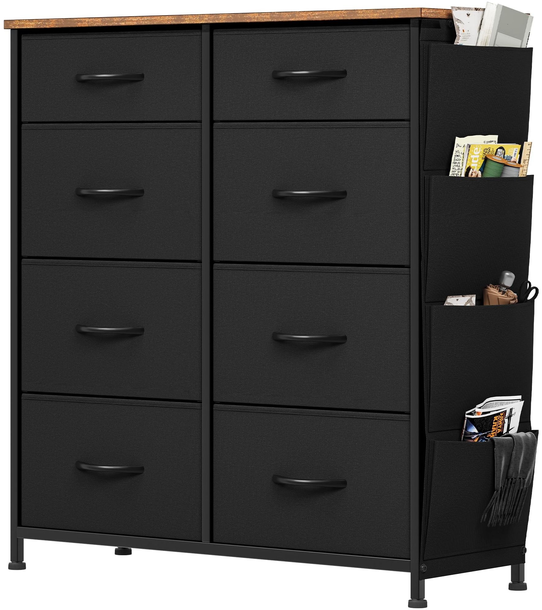 YITAHOME Kommode, 8 Stoffschubladen mit Griffen, Aufbewahrungsschrank mit Haken, Schubladenschrank mit Seitentaschen, Schrank,Metallgestell, stoffkommode für Schlafzimmer,Wohnzimmer,Flur,Büro,schwarz