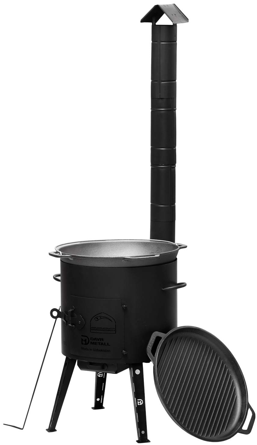 Ø40 Uchag 2mm stahl Utschak mit Abzugsrohr Utschag Campingofen 15L Gusseisen Kazan mit Gusseisen Deckel-Grillpfanne Kasan Feuerstelle Feldküche