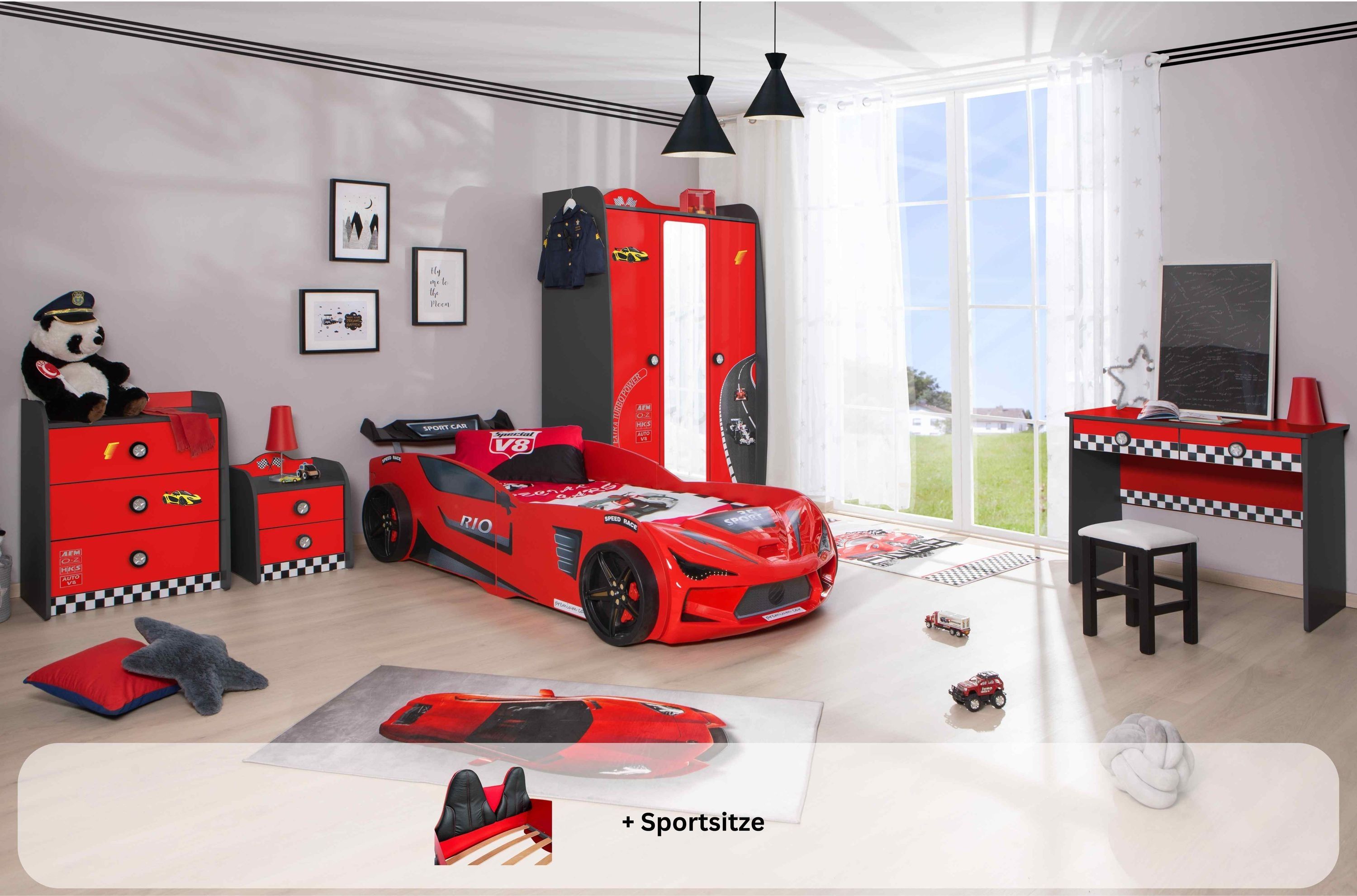 Kinderzimmer komplett Set mit Autobett Rio 5 teilig Rot