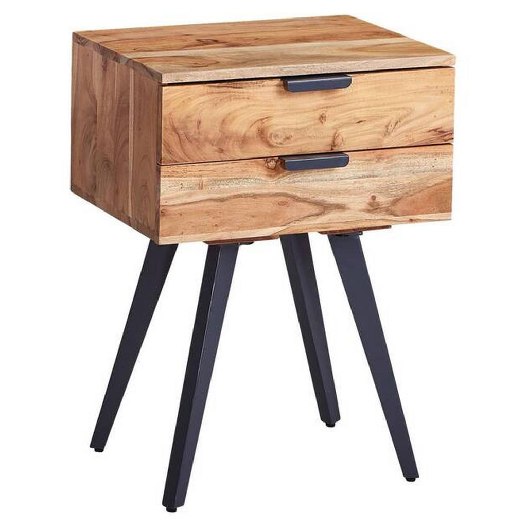 MID.YOU Nachtschrank Skyport, Akazie massiv, 2 Schubladen, FSC Mix, 47x65x35 cm, Metall