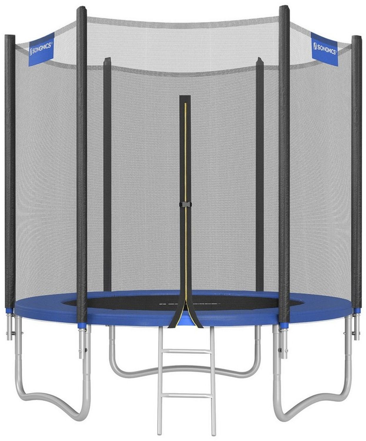SONGMICS Trampolin Ø 183 cm, Gartentrampolin für Kinder mit Sicherheitsnetz, Randabdeckung, Leiter, 180 cm hohe gerade Stangen, Stahl-Rahmen, Blau, STRDE061Q01