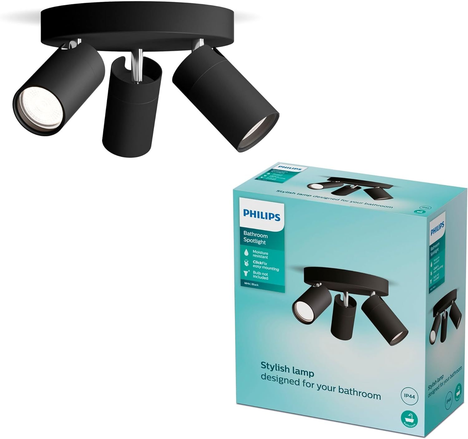 Philips Idris LED 3er Spotleuchte auf runder Platte, GU10 Lampe nicht enthalten, Schwarz, IP44, Wasserfest