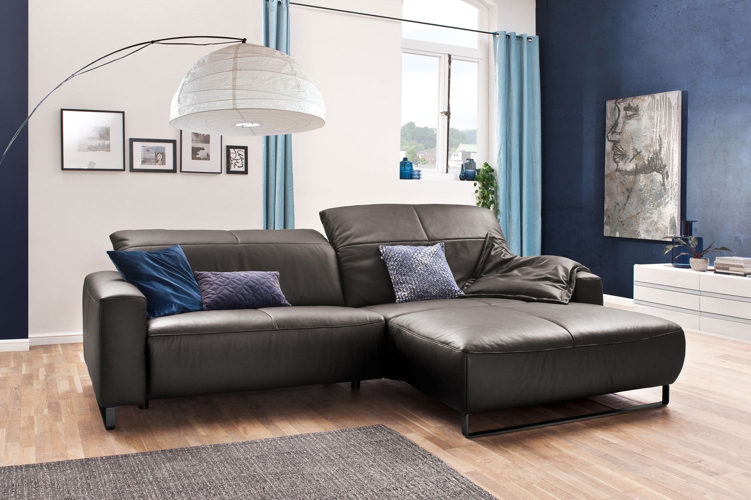 KAWOLA Sofa YORK Leder Life-line asphalt Recamiere rechts Fuß Metall schwarz 85 x 180 x 284 cm