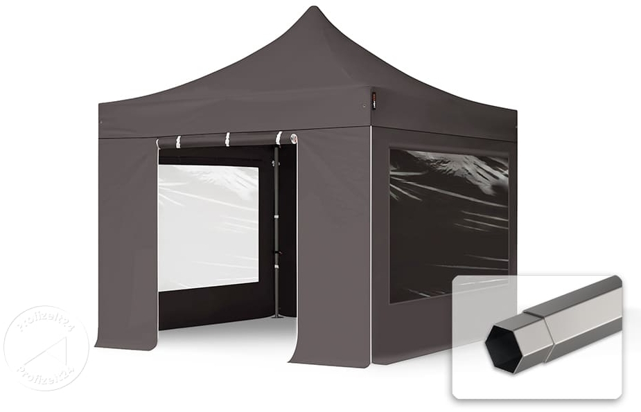 3x3 m Faltpavillon, PREMIUM Stahl 40mm, Seitenteile mit Panoramafenstern, dunkelgrau