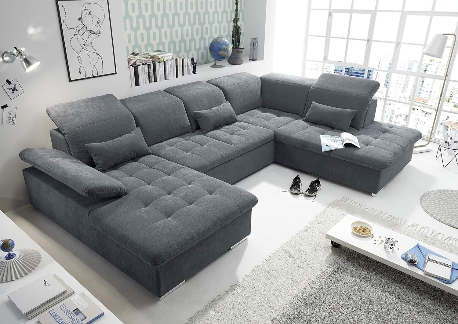 Couch WAYNE R Sofa Schlafcouch Wohnlandschaft Schlaffunktion anthrazit U-Form rechts