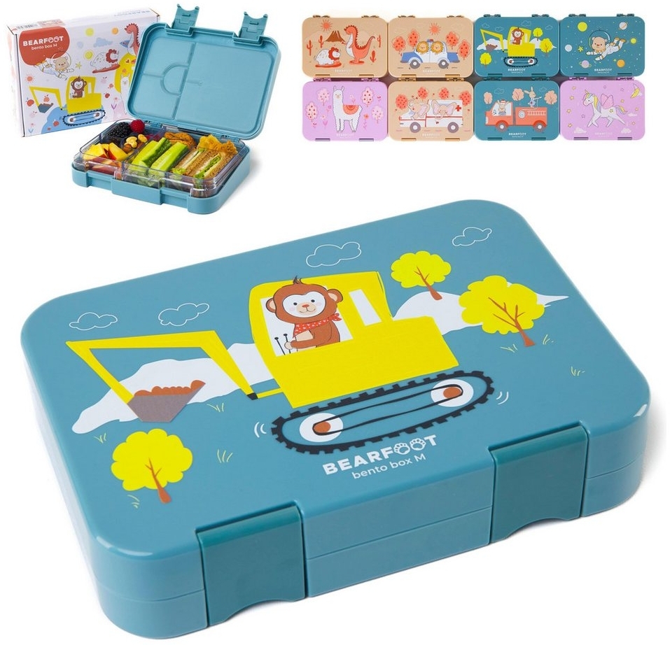 BEARFOOT Lunchbox Brotdose Kinder mit Fächern, Lunchbox, Bento box - Affe blau, handgezeichnete Designs, modular