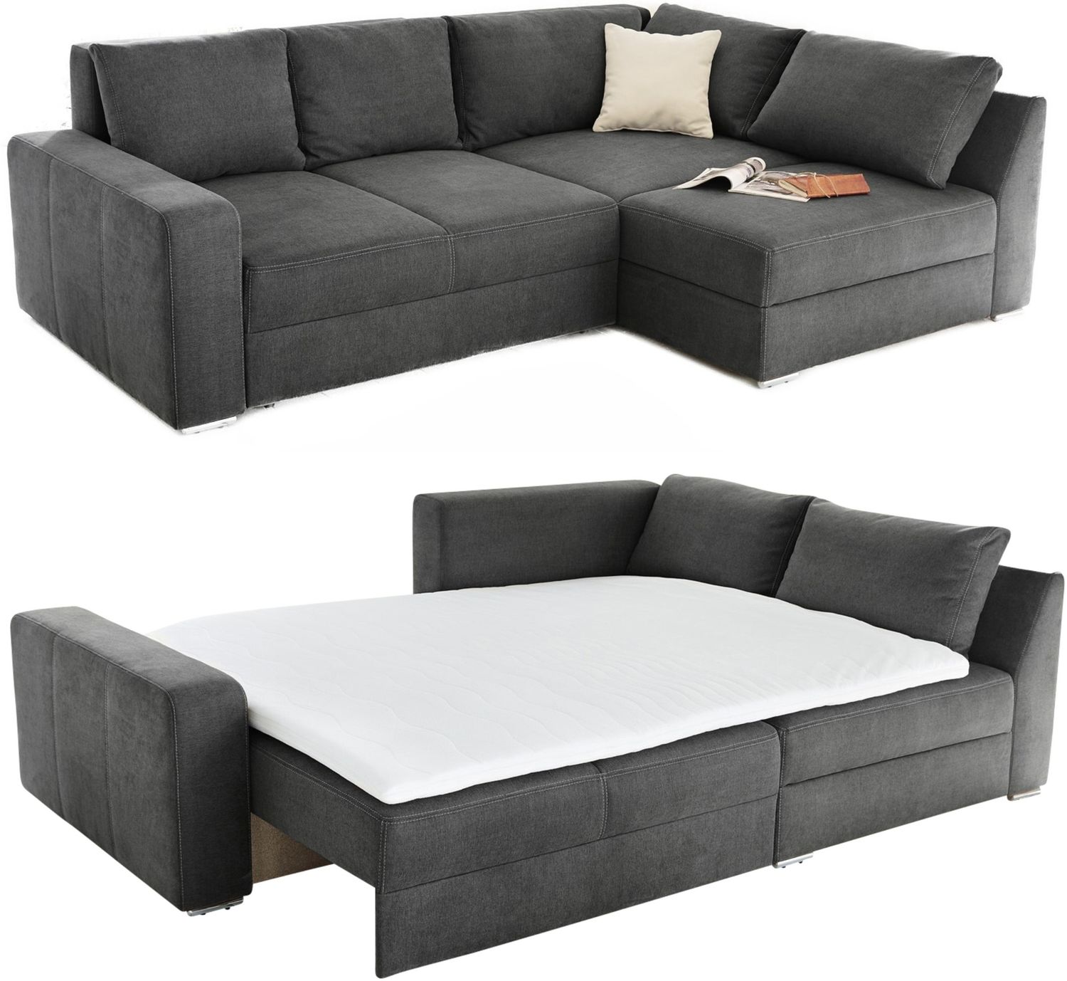 Ecksofa-Dauerschläfer Federkern Topper Bettkasten Schlafcouch in Dunkelgrau