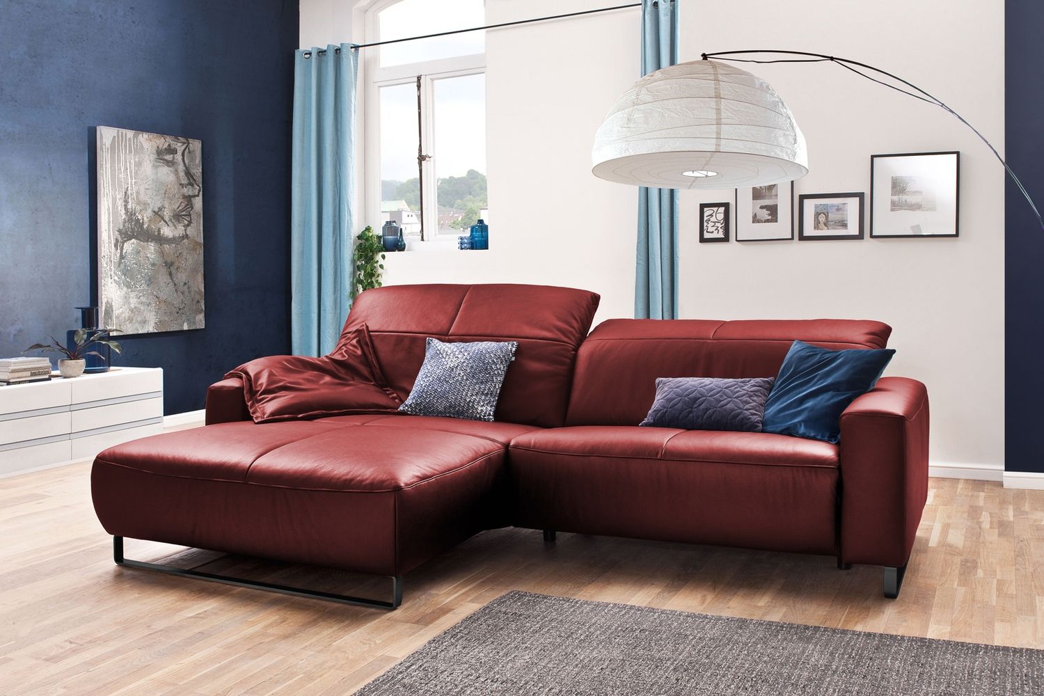 KAWOLA Sofa YORK Leder Life-line cherry Rec links Fuß Metall schwarz mit Sitztiefenverstellung 85 x 180 x 284 cm