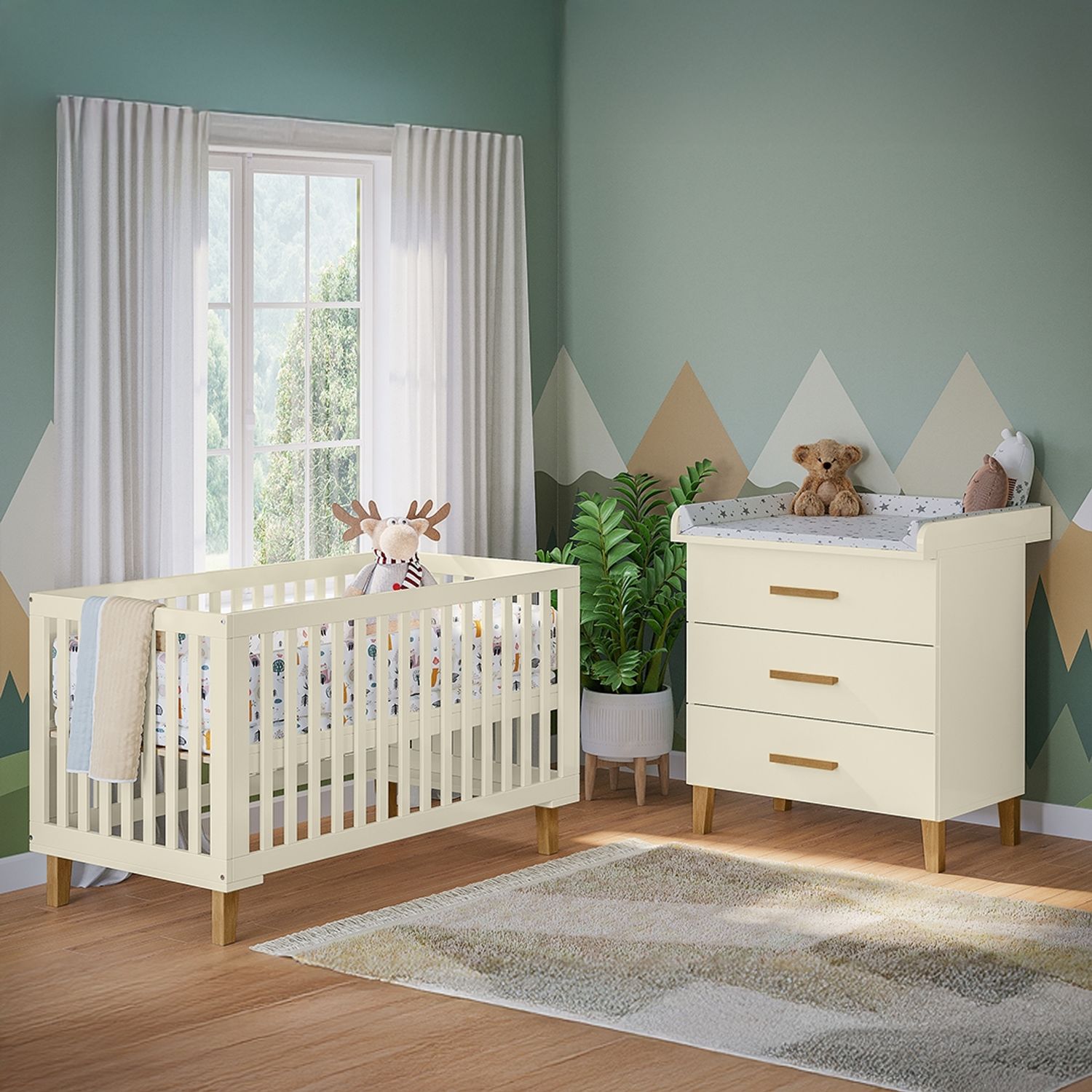 Bellabino 'Liri' Babyzimmer Set aus Babybett 70x140 cm und Wickelkommode, beige, 3-fach höhenverstellbares Kinderbett (umbaubar in Juniorbett), Wickeltisch mit abnehmbarem Wickelaufsatz