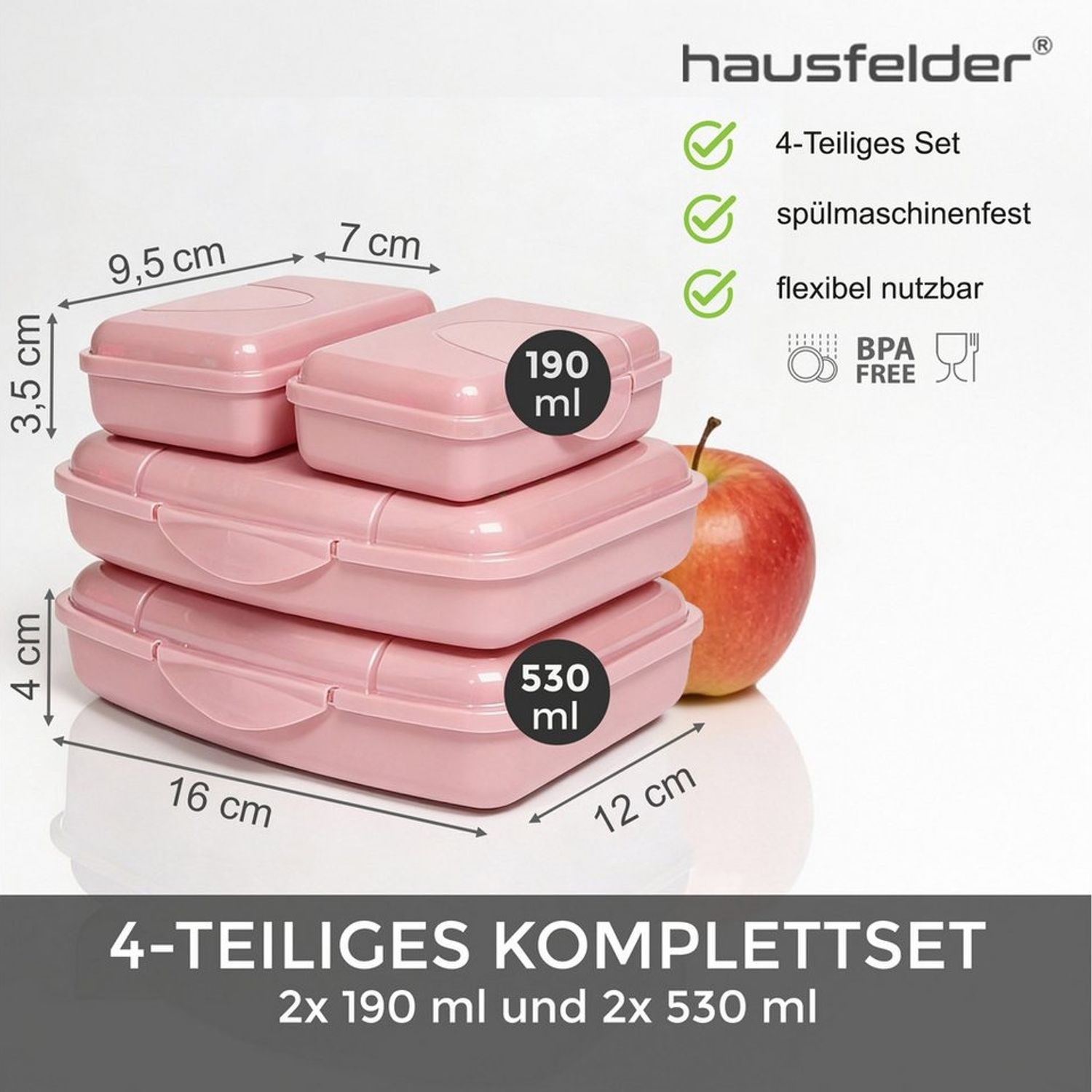 Hausfelder Lunchbox Brotdosen 4er Set flach rosa, Kunststoff, (4er Set, 4-tlg, 2 große Brotdosen und 2 kleine Snackboxen), spülmaschinengeeignet, langlebig, bruchfest, BPA-frei