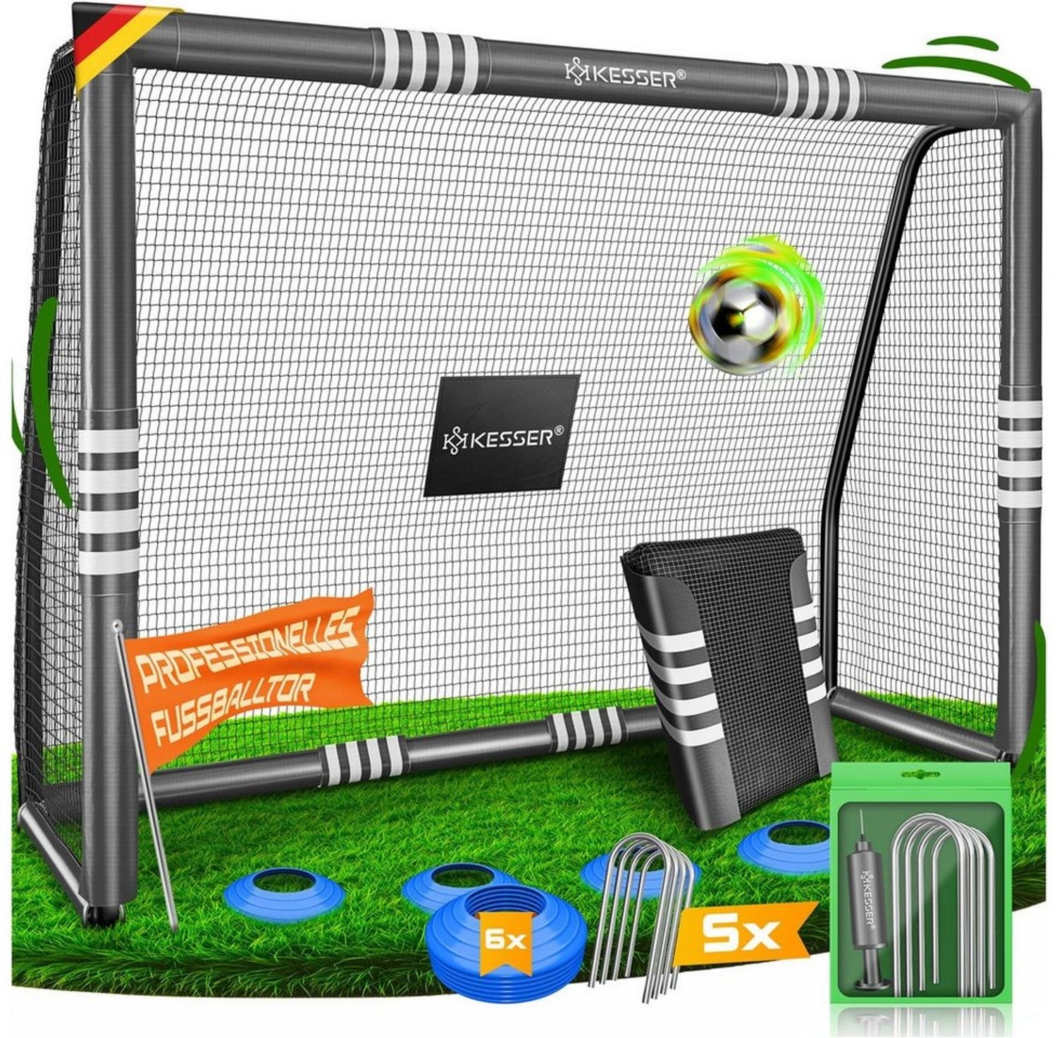 KESSER® Fußballtor für Garten robustes Outdoor Training Schusstraining UV-beständigem Netz, Stahlrahmen mit Polsterung, Erdhaken, Luftpumpe, Hüttchen, Montagezubehör für Kinder und Erwachsene Anthrazit, 300cm, Ohne Torwand