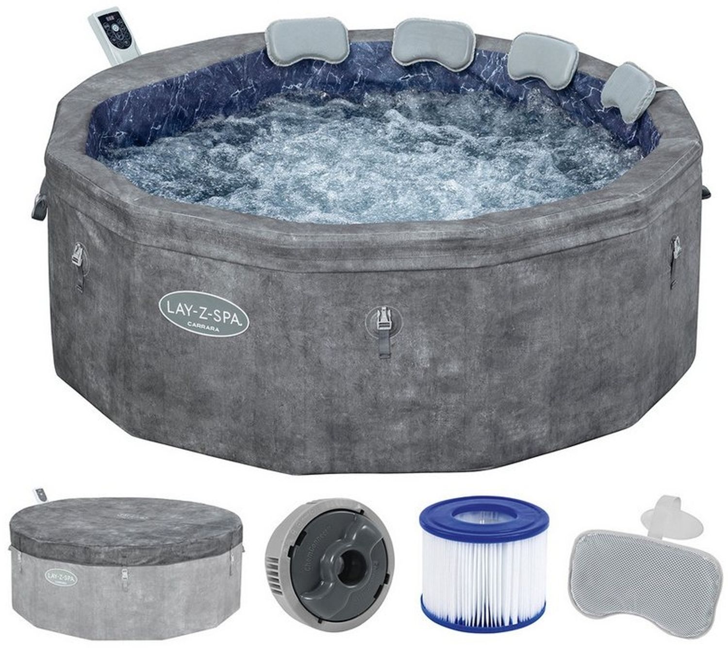 LAY-Z-SPA® Energiespar Whirlpool Carrara AirJet™ mit App-Steuerung, für 6 Personen, Ø 170 x 65 cm, Alabaster-Optik