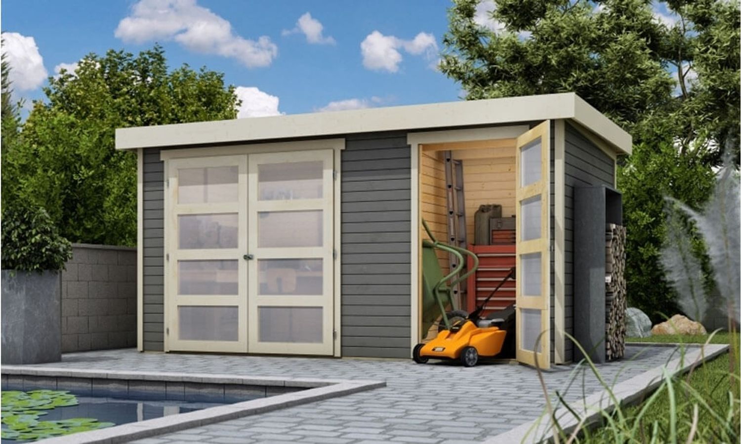 Mittelwandhaus Mühlentrup 1 - 404x217 cm, 19 mm Holz terragrau, Karibu