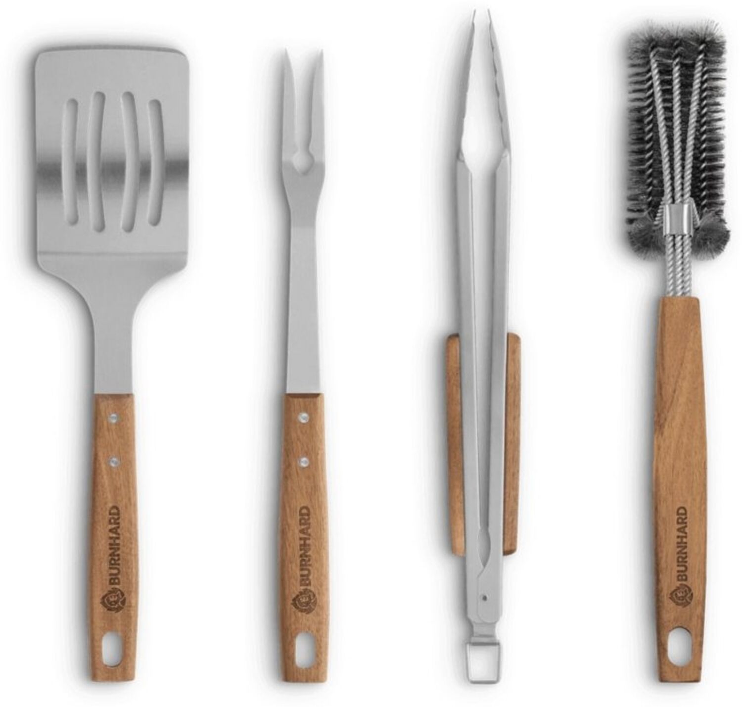 BURNHARD Grillbesteck-Set, 4-teilig, Edelstahl silber / Holz natur