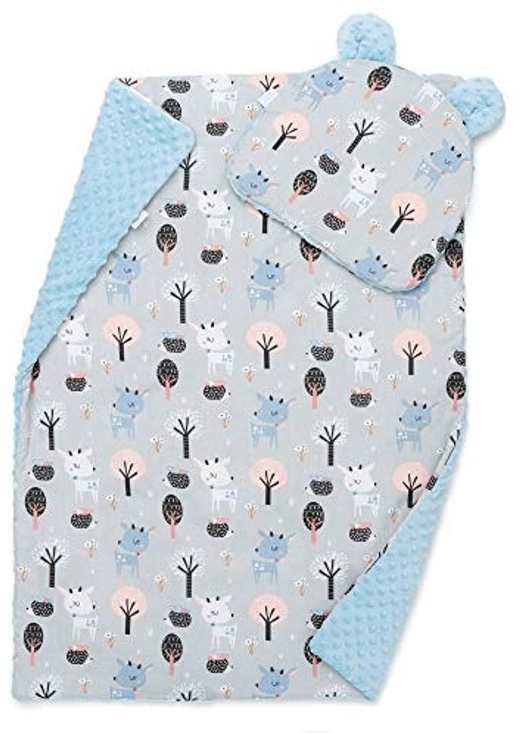 EliMeli Baby-Set BABYDECKE mit Kissen Babybettwäsche Minky Decke mit Kopfkissen für Mädchen und Junge Kuscheldecke mit Kinderkissen für Kinderwagen oder Bett (75x100, Blau - Reh)