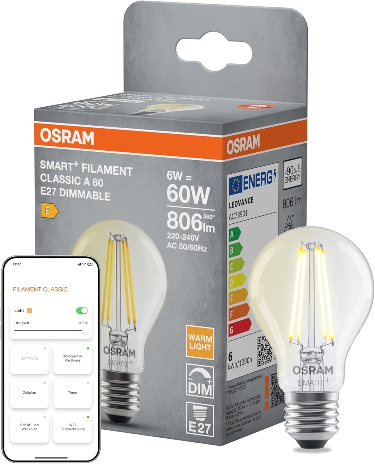 Osram SMART+ LED-Lampe, A60, 6W, 2700K, E27, Kolbenform, Filament, klar, dimmbar, steuerbar mit App oder Sprachassistent, Matter kompatibel