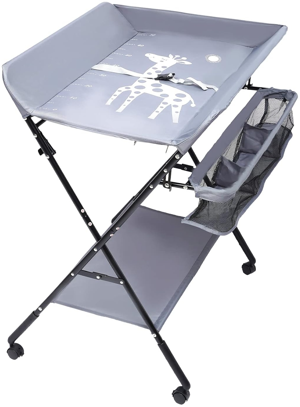 SABUIDDS Wickeltisch Klappbarer und tragbarer Baby Wickelkombi auf Rollen Wickelkommode 3 stufig-höhenverstellbare Wickelkommde, mit Wickelauflage, Sicherheitsgurt und Ablagefächern (Grau)