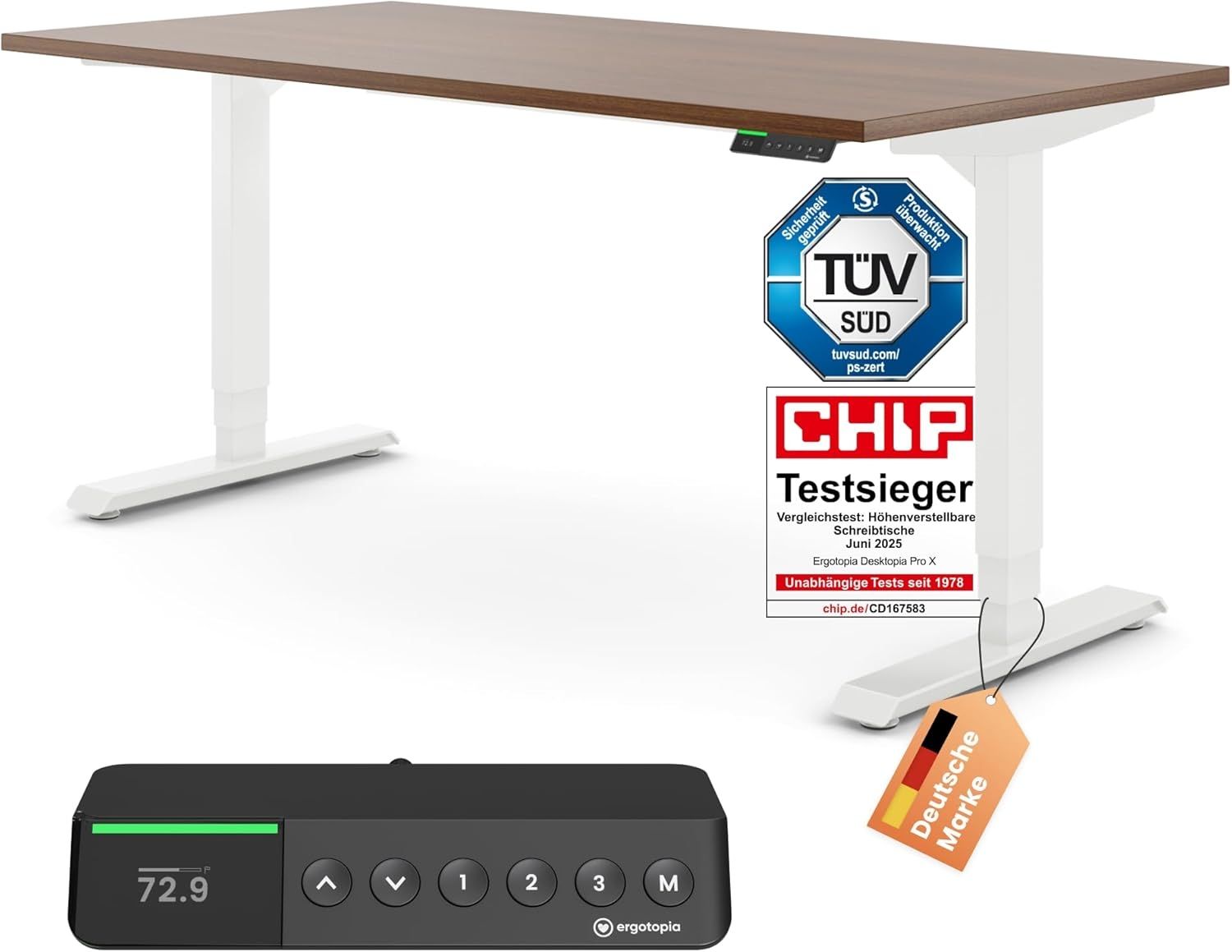Desktopia Pro X - Elektrisch höhenverstellbarer Schreibtisch / Ergonomischer Tisch mit Memory-Funktion, Nussbaum, Gestell Weiß, 160x80 cm