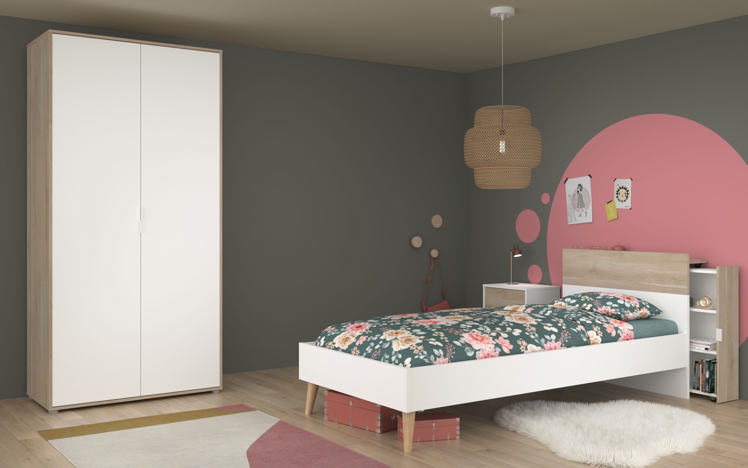 Jugendzimmer Aalborg von Parisot Kinderzimmer Komplett Set in Weiß und Japanischer Eiche – Verschiedene Set Varianten - 4 teilig , Stauraumbett + Anstellregal für Bett + Nachttisch + Kleiderschrank , 90 x 200 cm