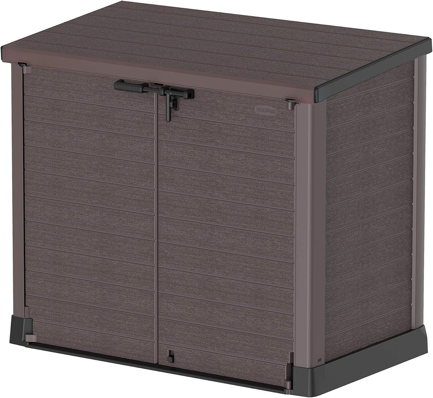 Duramax Cedargrain StoreAway 1200L Gartenhaus aus Kunststoff / flacher Deckel, Mülltonnenbox, Gartenhaus, solide Konstruktion, ideal für Werkzeuge, BBQs und 2x240L Mülltonnen, 145 x 85 x 125 cm, Braun