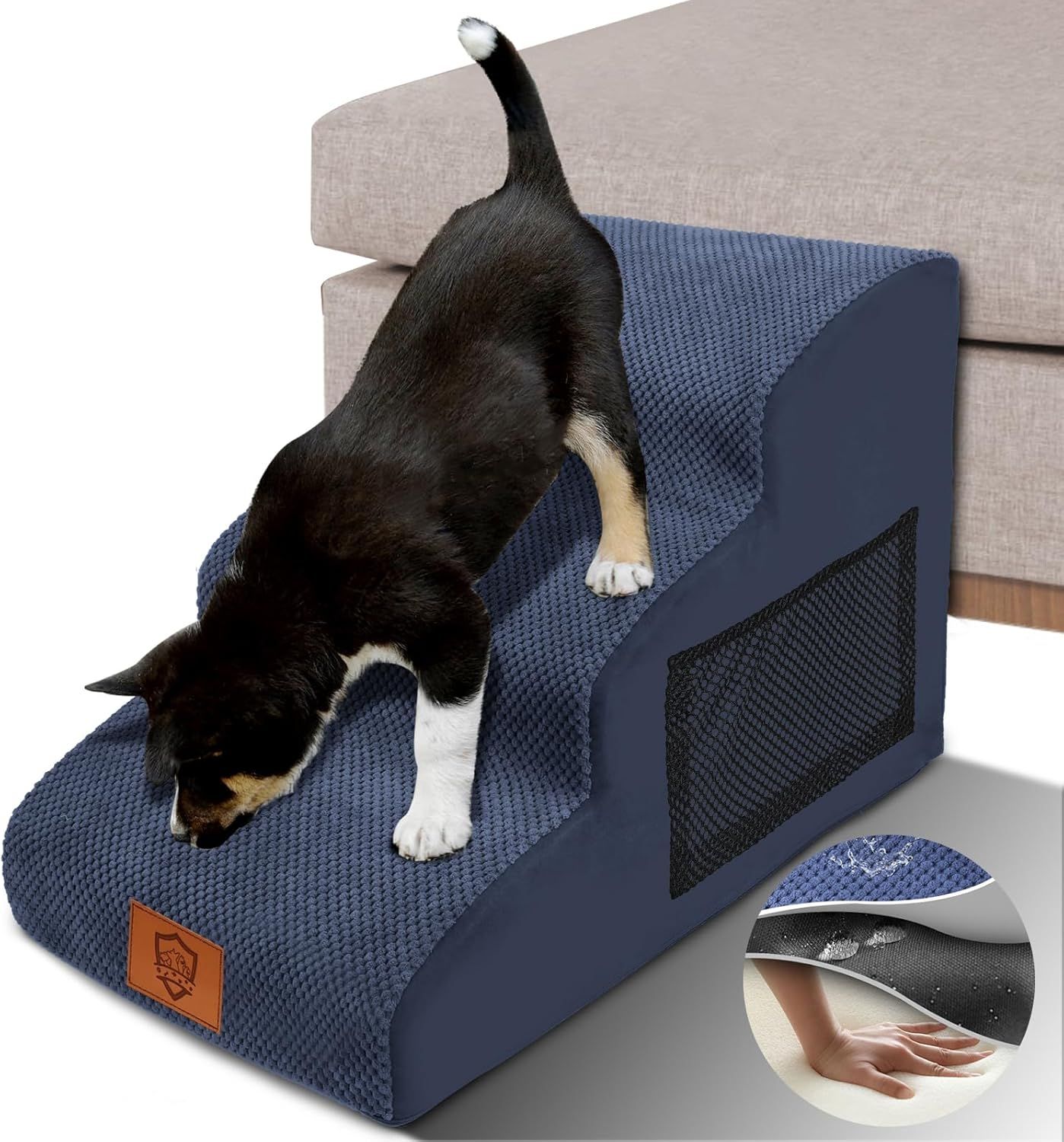 ZNM Hundetreppe – 3-stufige, wasserdichte Haustiertreppe für kleine Hunde, mit waschbarem Bezug und Reißverschluss, rutschfester Schwamm-Rampe, tragbar, auch als Katzentreppe nutzbar