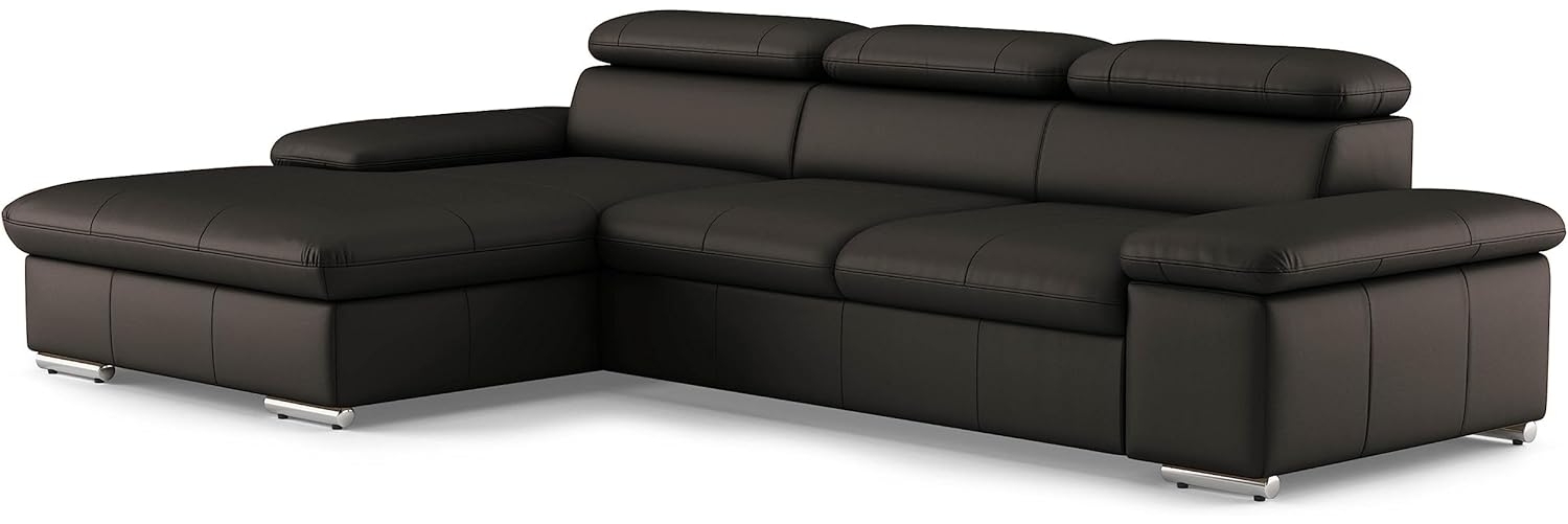 CAVADORE Echtleder-Schlafcouch Valerie mit XL-Longchair / Ecksofa mit Bettfunktion, Kopfteilverstellung + großem Longchair / 286 x 73 x 174 / Leder Dunkelbraun