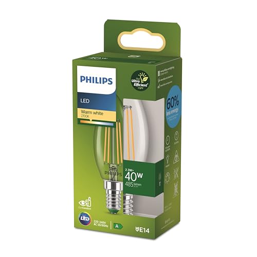 Philips E14 LED-Leuchtmittel, Kerzenform 2,3 W, 485 lm, klar, dimmbar, EyeComfort Qualität