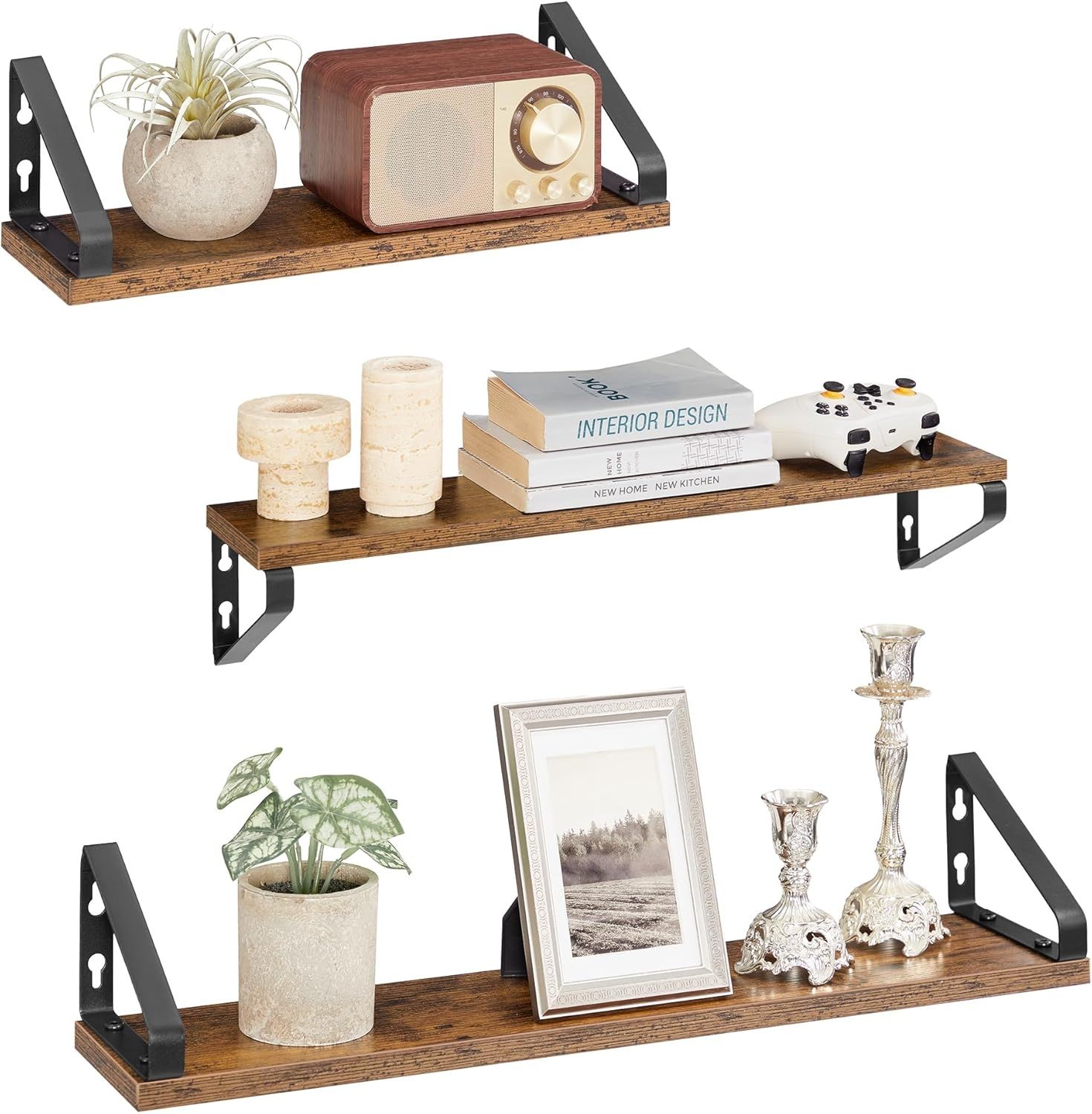 VASAGLE Wandregal, Schweberegal, 3er Set, Regalbrett, 2 Montagemöglichkeiten, 40/50/60 cm, für Wohnzimmer, Küche, Arbeitszimmer, Badezimmer, vintagebraun-Mattschwarz LWS043K01