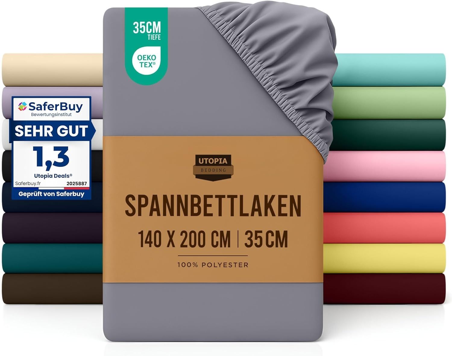 Utopia Bedding - Spannbettlaken 140x200 cm - Grau - Oeko-Tex Zertifiziertes Gebürstete Polyester-Mikrofaser Spannbetttuch - 35 cm Tiefe Tasche