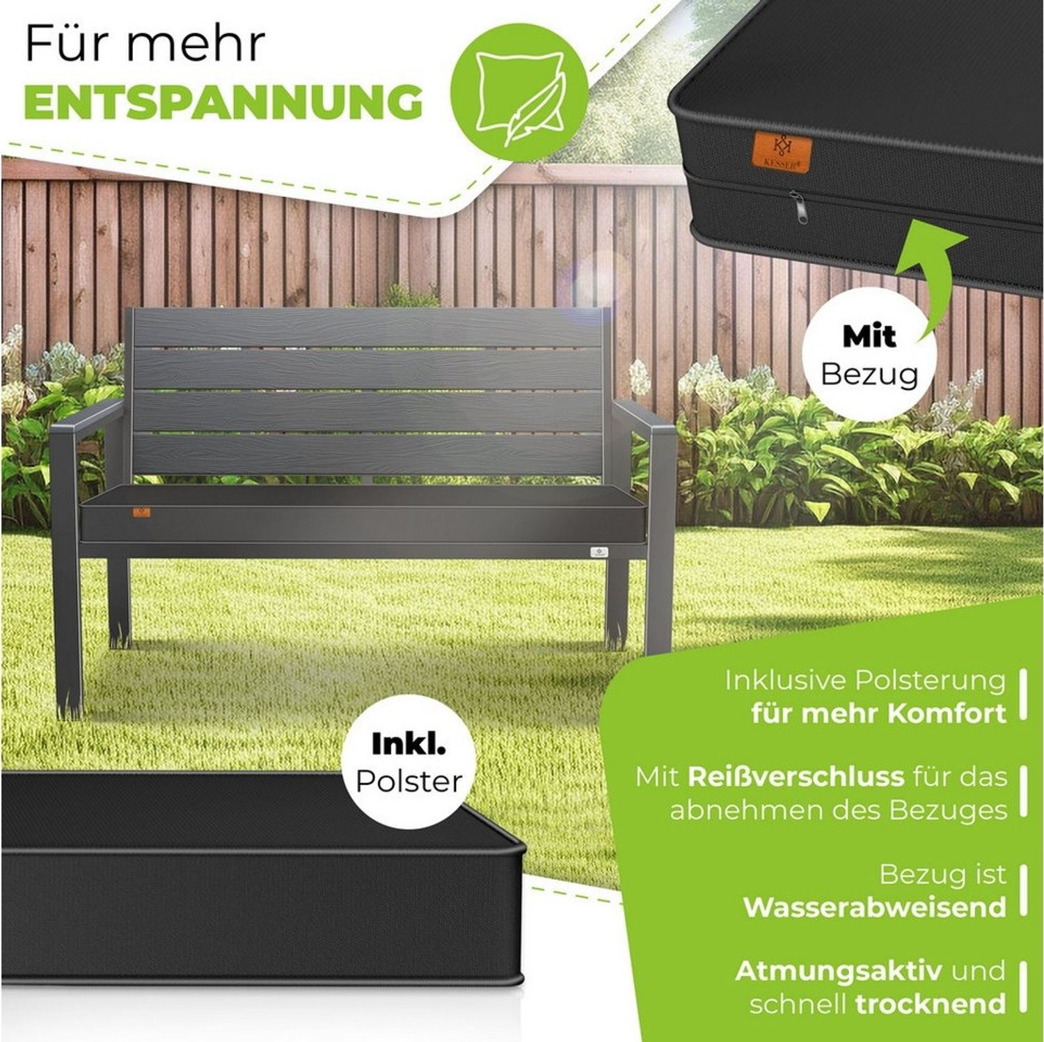 KESSER® Gartenbank mit Kissen – Sitzbank Wetterfest 2-Sitzer Parkbank in Holzoptik Balkonbank für Garten Terrasse Balkon bis 300 kg belastbar UV-beständig inkl. abnehmbarem & waschbarem Polsterbezug Anthrazit / Anthrazit