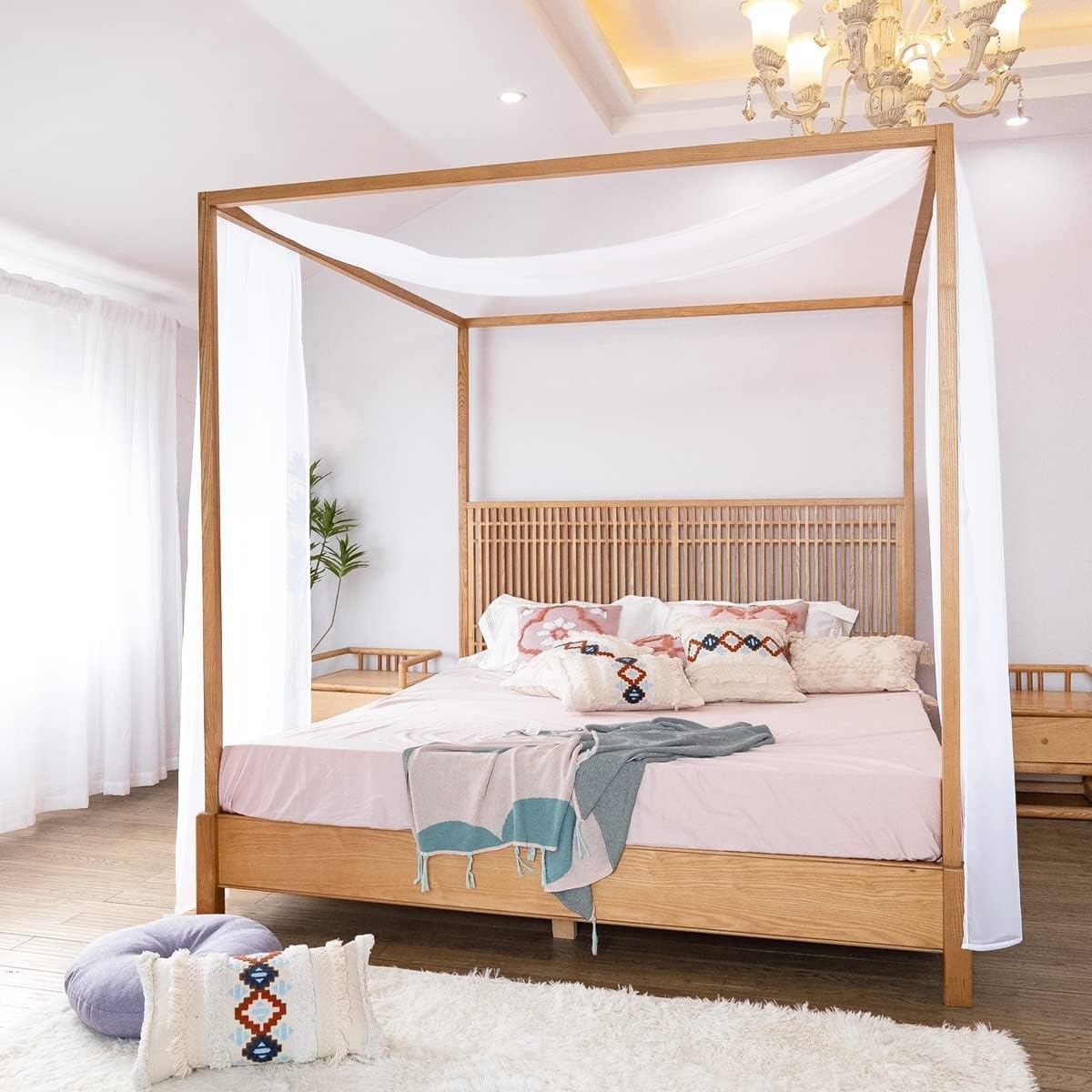 Linentalks Weißer Baldachin-Bettschal für Queen-Size- und Vollbett, luxuriöse Queen-Baldachin-Bettvorhänge, weißer Baldachin-Bettvorhänge, Vier Pfosten-Betthimmel-Vorhänge, durchscheinender