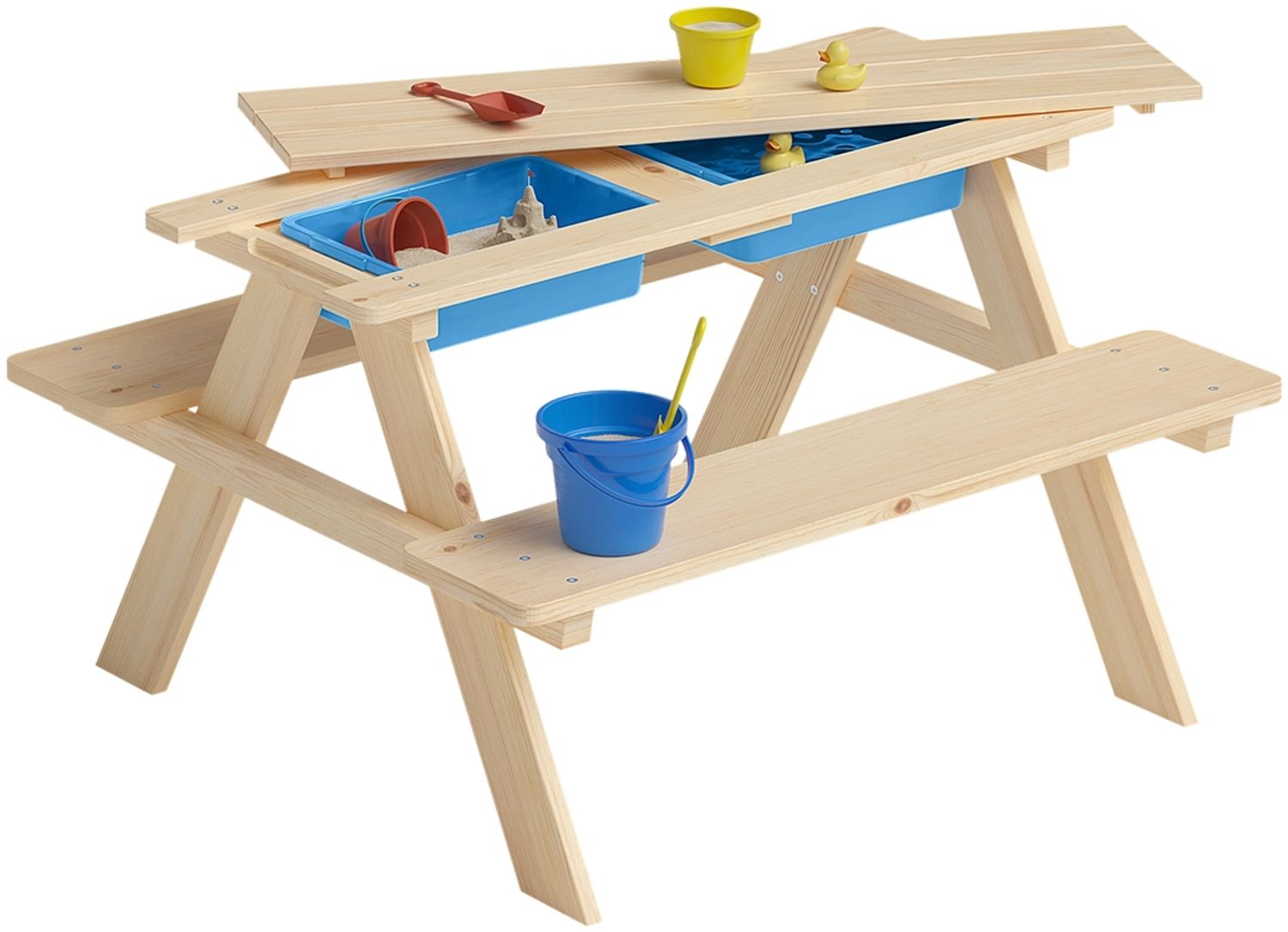 Bellabino 'Inny' Sitzgarnitur für Kinder, Kiefer massiv, natur unbehandelt, 50x89x80 cm, Kindersitzgarnitur für 4 Personen, Matschtisch mit 2 Wannen, ab 2 Jahren