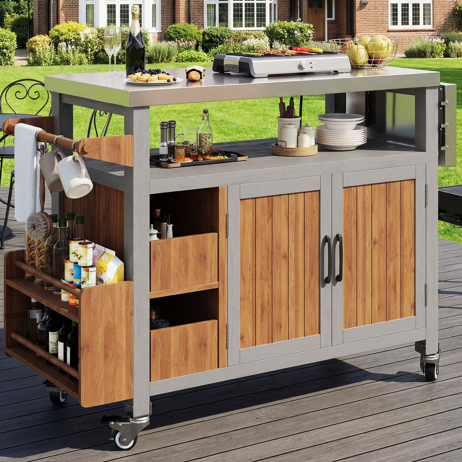 Merax Servierwagen Outdoor Grillablagetisch Grillwagen mit Arbeitsplatte aus Edelstahl(1 St), Garten Beistelltisch mit ausziehbarer Seitenablage & Haken, Massivholz