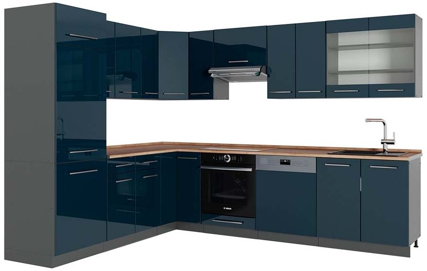 Eckküche Fame-Line Dunkelblau Hochglanz/Anthrazit 287 x 60 cm , AP Eiche Vicco