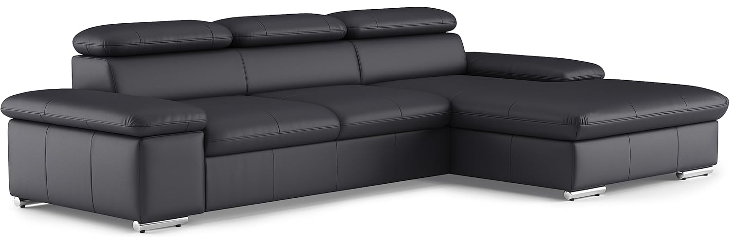 CAVADORE Leder-Schlafsofa Valerie mit XL-Longchair / Eckcouch mit Schlaffunktion, Kopfteilverstellung + großem Longchair / 286 x 73 x 174 / Echtleder Schwarz