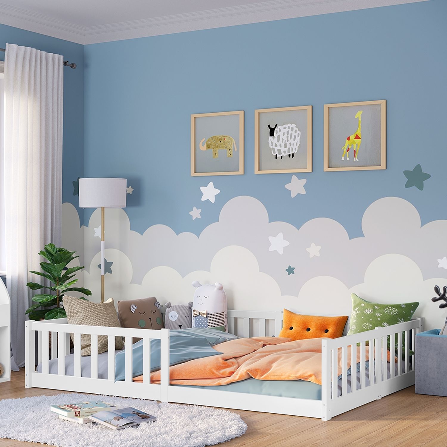 Bellabino 'Vere' Bodenbett 140x200 cm, weiß, Massivholz Kiefer, Montessori Kinderbett mit Rausfallschutz und Lattenrost