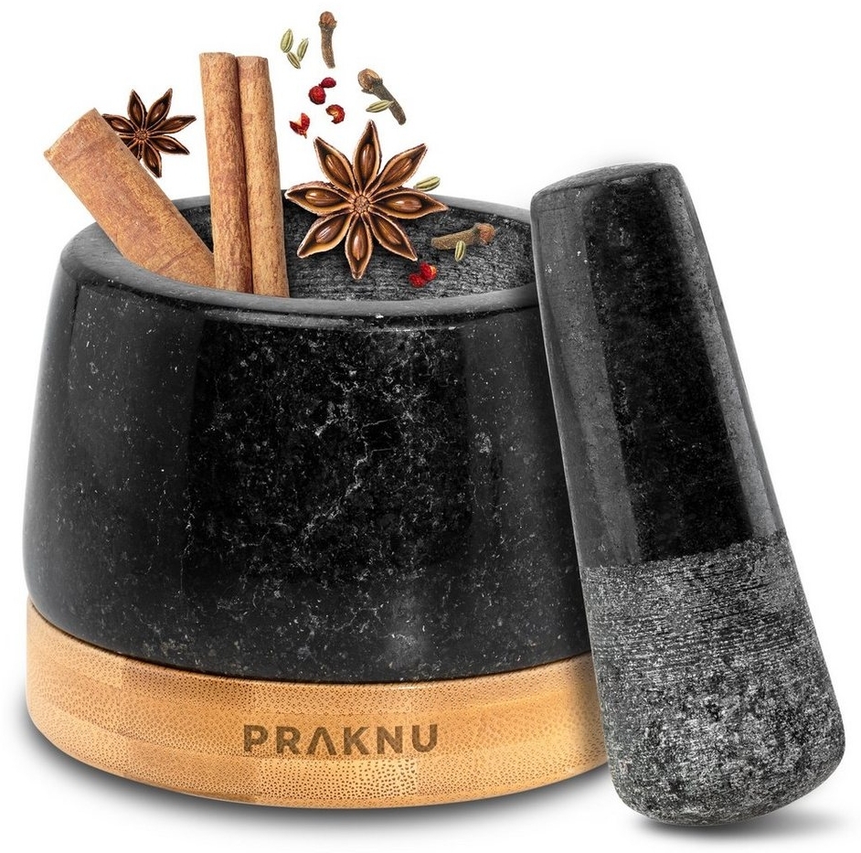 Praknu Mörser Mörser aus Granit klein mit Stößel - Für ein feines Mahlergebnis, Für ein feines Mahlergebnis - Untersetzer aus nachhaltigem FSC Holz