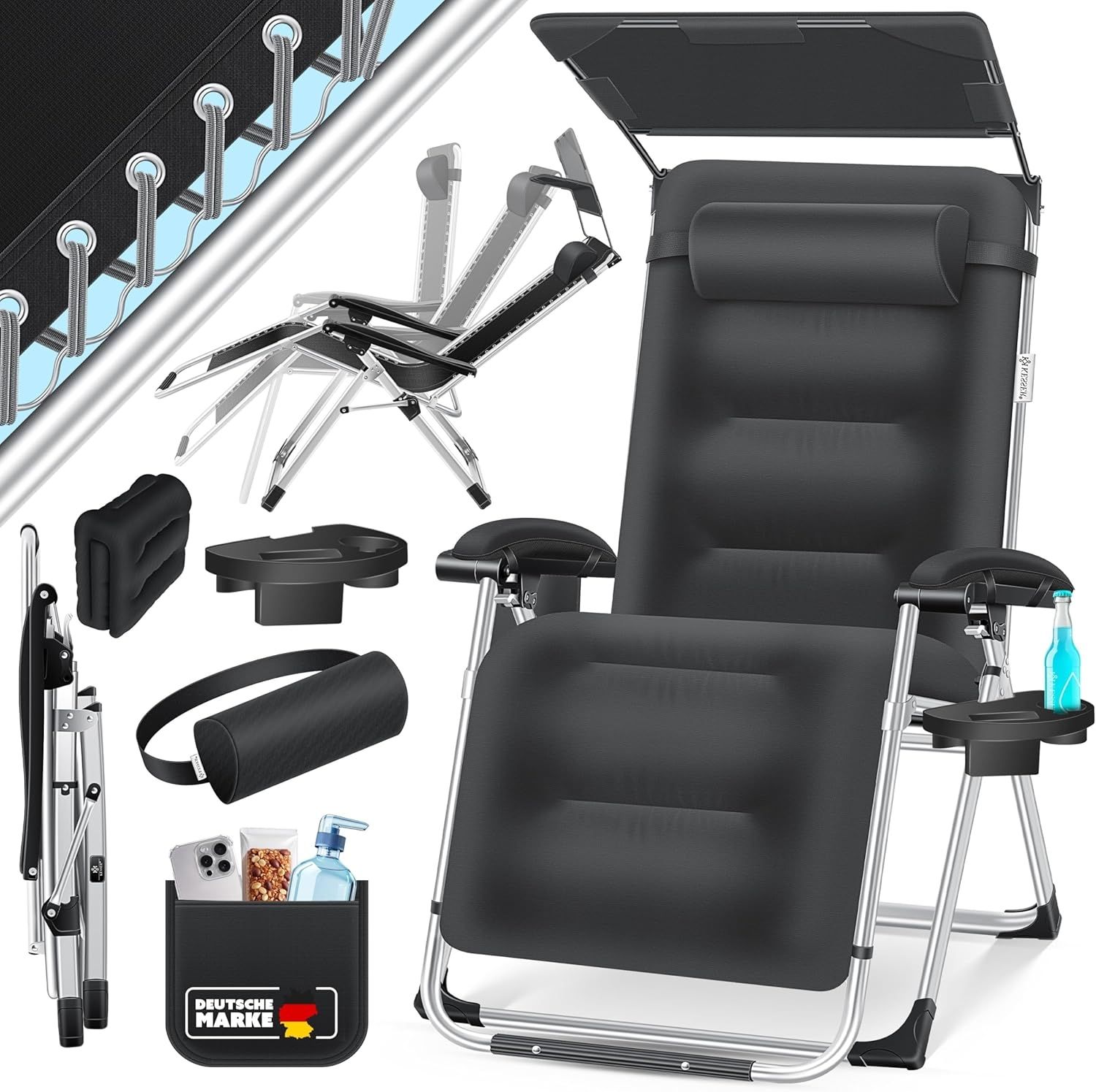 KESSER® Sonnenliege Liegestuhl, klappbare Gartenliege extra breit & Wetterfest, Belastbar 200kg, Ergonomisches Polster, verstellbare Rückenlehne inkl. Nackenkissen, Getränkehalter & Armpolster Schwarz, Liege (Mit Sonnendach)
