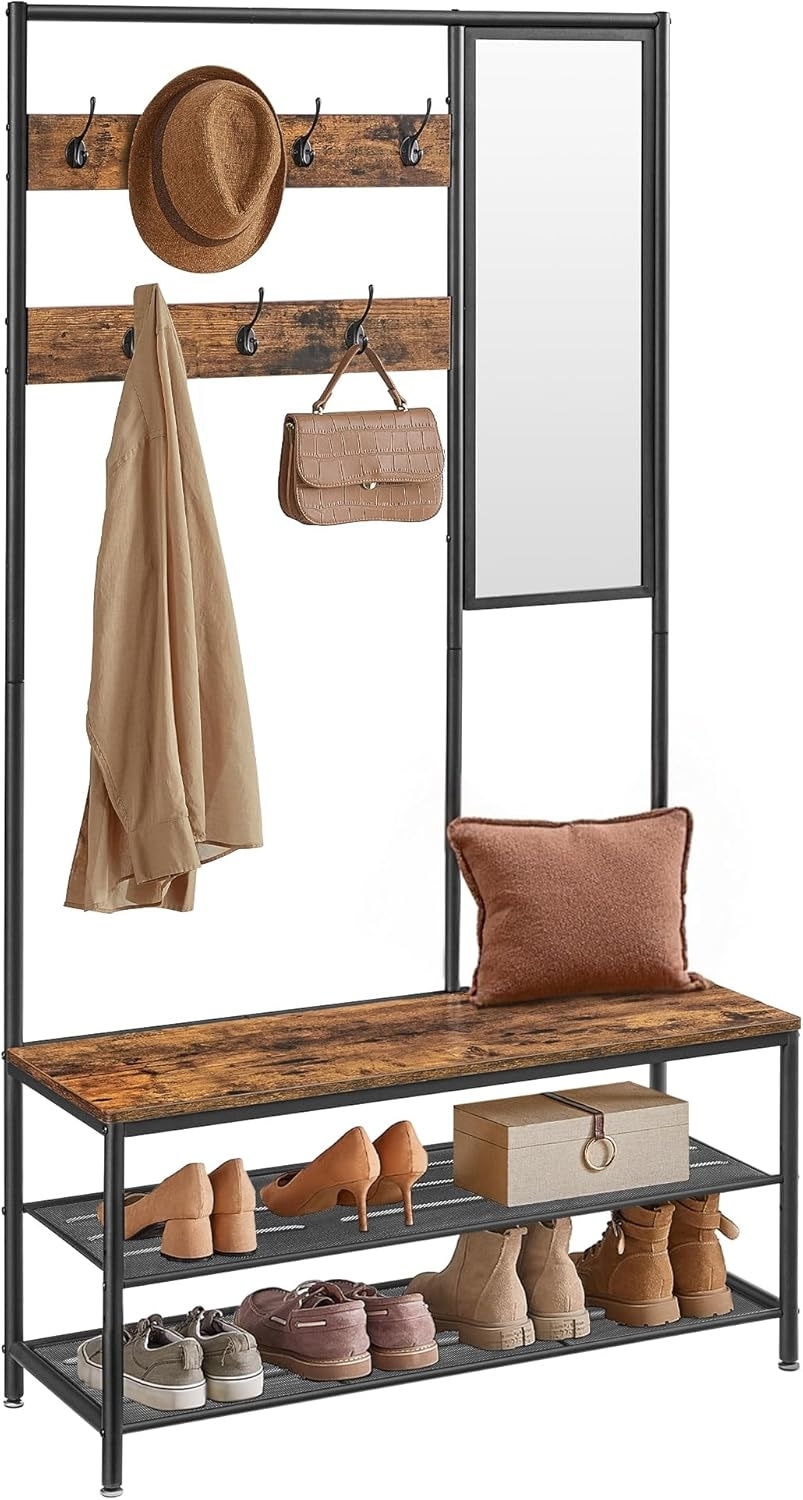 VASAGLE Kleiderständer, Garderobe, Garderobenständer mit Haken, Spiegel, Sitzbank, 35 x 98 x 180 cm, für Eingangsbereich, Schlafzimmer, Wohnzimmer, Industrie-Design, vintagebraun- schwarz HSR415B01