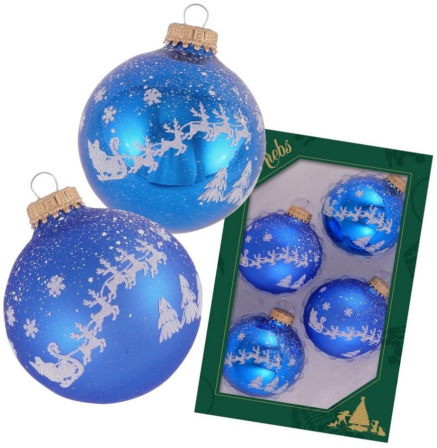 Krebs Glas Lauscha Weihnachtsbaumkugel 4er Set - Heiligabend im Dorf - ca. 7cm - aus Glas gefertigt, winterliche Festtagsdekoration für Baum, Strauch und vieles mehr