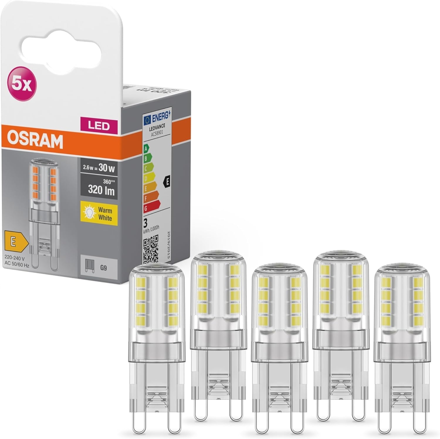 Osram Star PIN LED-Lampe für G9-Sockel, klares Glas,Warmweiß (2700K), 320 Lumen, Ersatz für herkömmliche 30W-Leuchtmittel, nicht dimmbar, 5-er Pack
