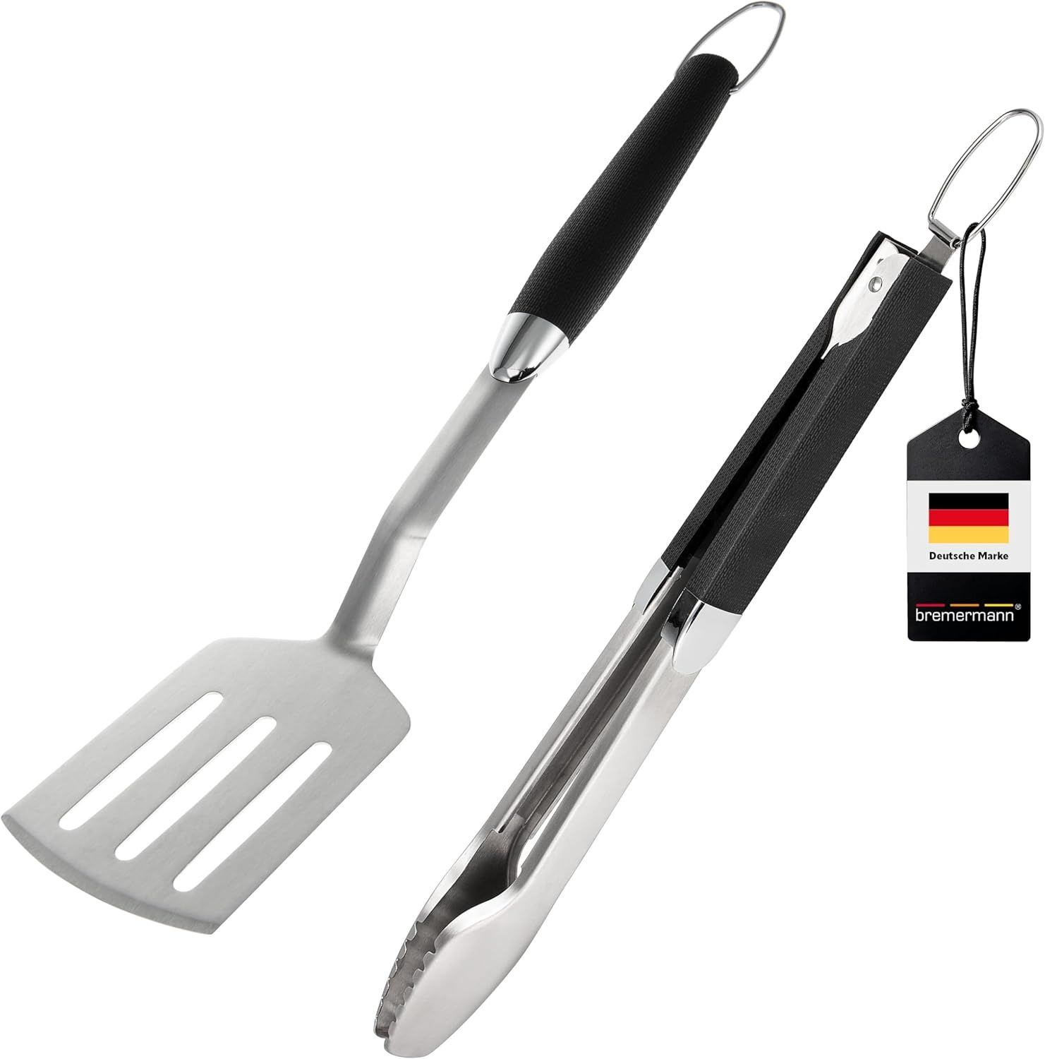 Grill-Besteck 2tlg. / Zange und Wender / langes Grillzubehör aus Edelstahl mit Softgriff