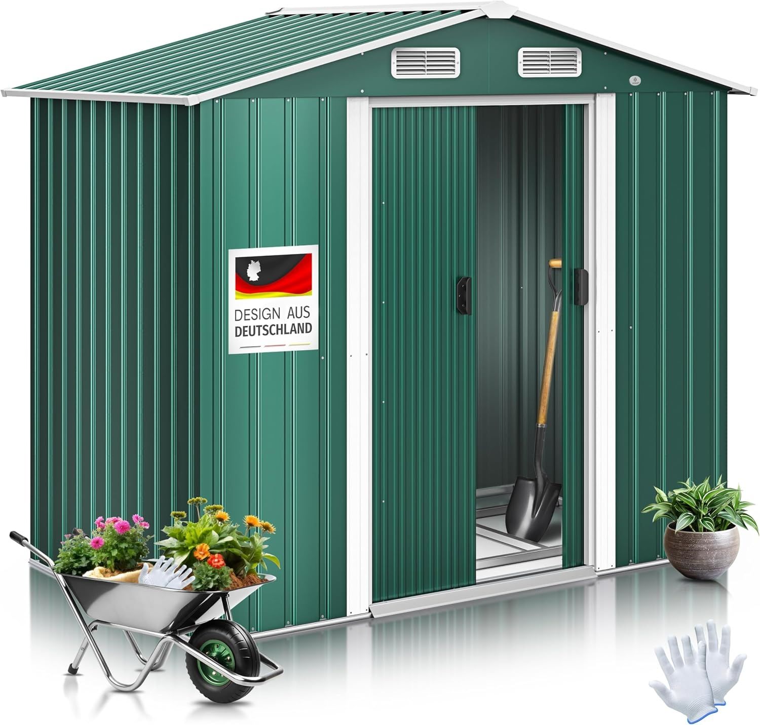 KESSER® XL Metall Gerätehaus 4,2m³ mit Fundament | inkl. Arbeitshandschuhe | 195 x 131 x 186 | 2x Schiebetür & Fundament | Geräteschuppen | Gartenhaus Schrank | Satteldachdach Garten Schuppen Grün