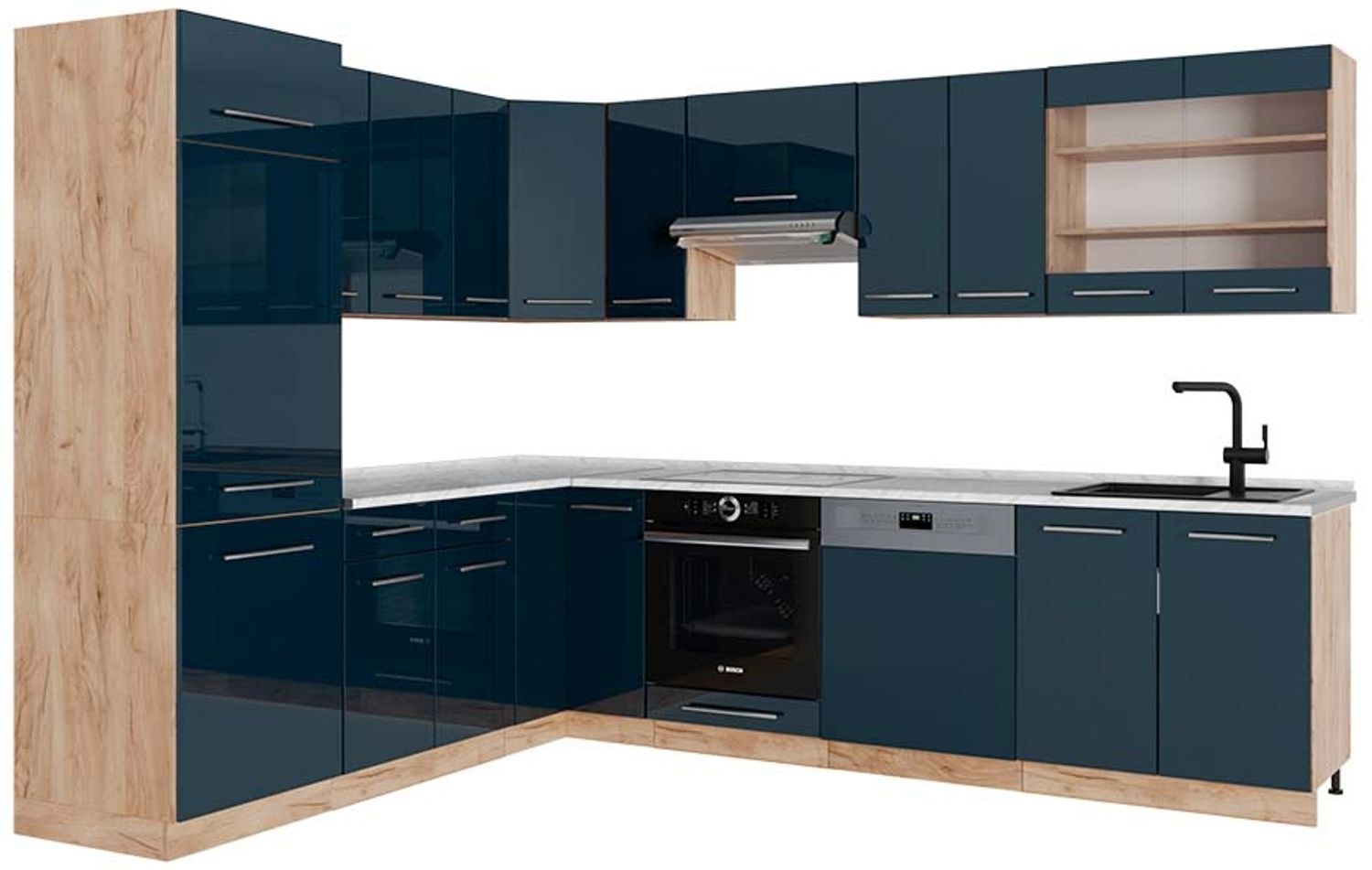Eckküche Fame-Line Dunkelblau Hochglanz/Goldkraft Eiche 227 x 60 cm , AP Marmor Vicco