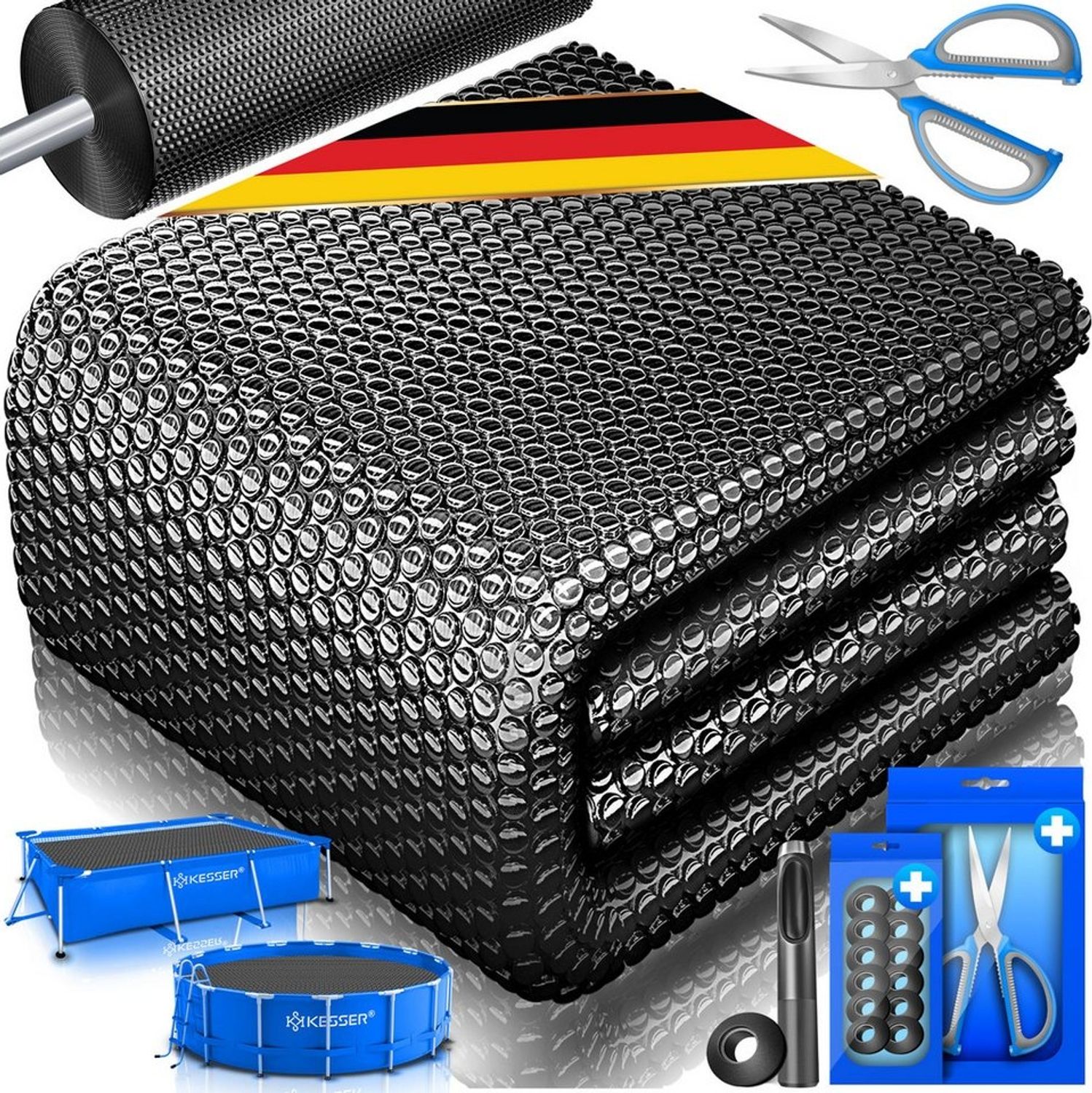 KESSER® Pool Solarfolie 400 µm | Solarplane Poolabdeckung | Solarabdeckplane flexibel zuschneidbar | Poolplane für Wassererwärmung | Solarabdeckung mit Schere, Lochzange & 12 Ösen Schwarz, 260 x 160cm