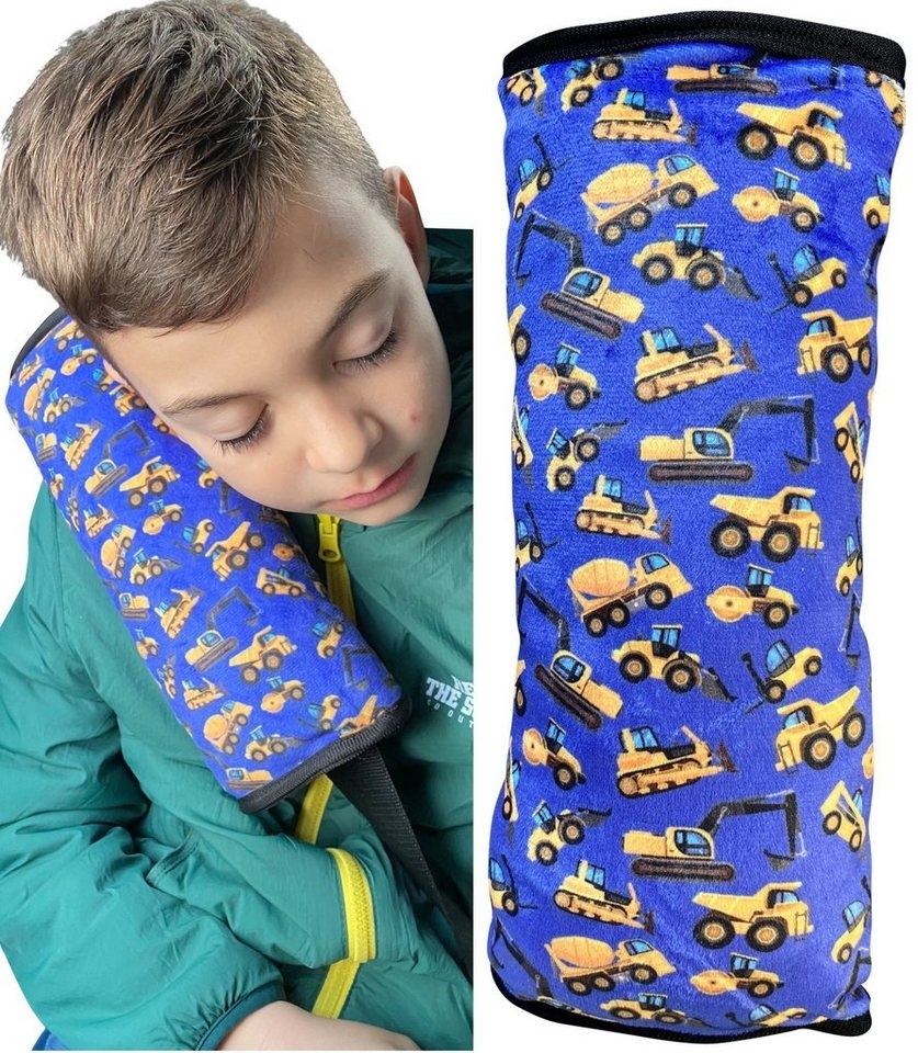 HECKBO Schlafkissen Auto Schlafkissen Baufahrzeuge Motiv für Kinder Mädchen Jungen - maschinenwaschbar – kuschelweich - Auto Gurtkissen, Gurtschoner, Gurtschutz Sitzerhöhung, Auto Kissen, Reisekissen, Urlaub