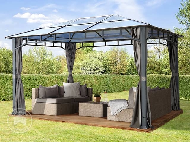 Gartenpavillon 3x4 m wasserdicht ALU DELUXE Polycarbonat Dach 8mm Pavillon 4 Seitenteile Partyzelt grau 9x9 cm Profil
