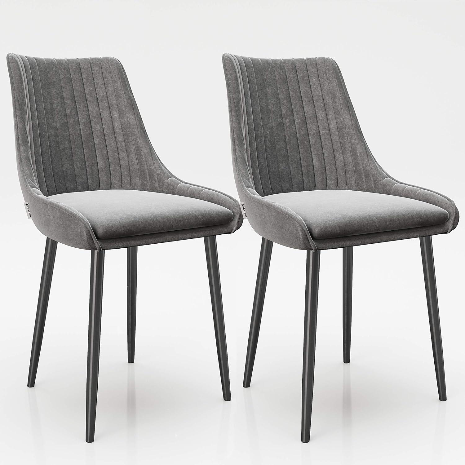 PLAYBOY - Esszimmerstuhl SAMANTHA", 2er Set, gepolsterter Sitz und Rücken, Samtstoff in Grau, Metallfuss in Anthrazit Matt"