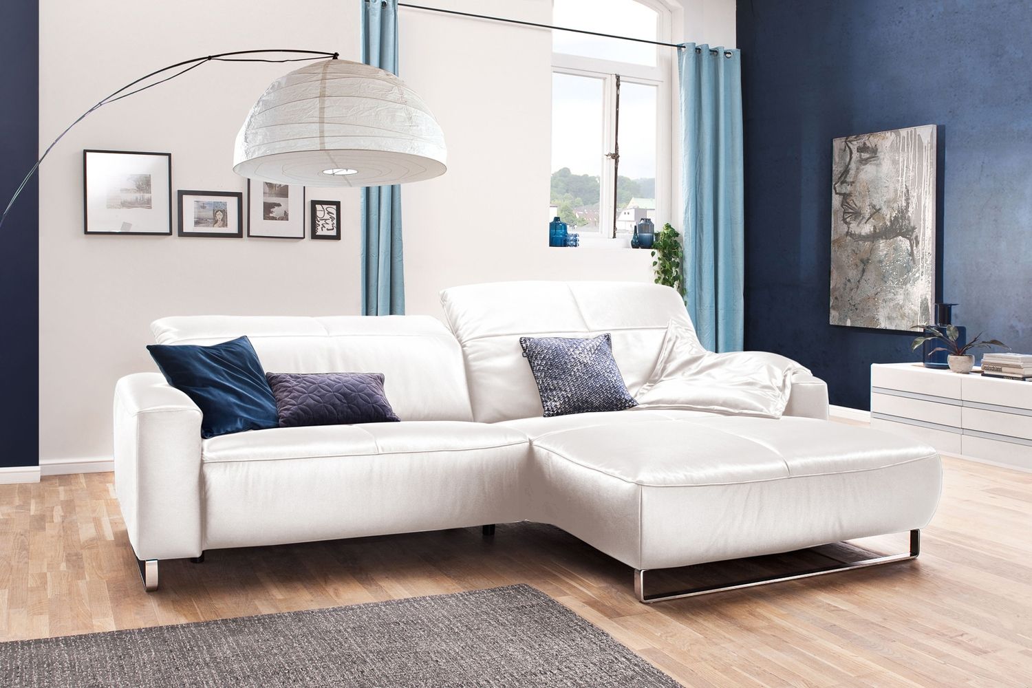 KAWOLA Sofa YORK Leder Life-line bianco Recamiere rechts Fuß Metall chrom 85 x 180 x 284 cm