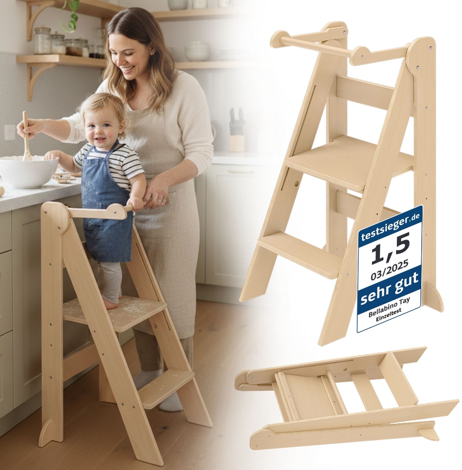 Bellabino 'Tay' Lernturm für Kinder ab 1 Jahr, Tritt 2-fach höhenverstellbar, natur, Birke Sperrholz, klappbar, Tritthocker bis 50 kg belastbar